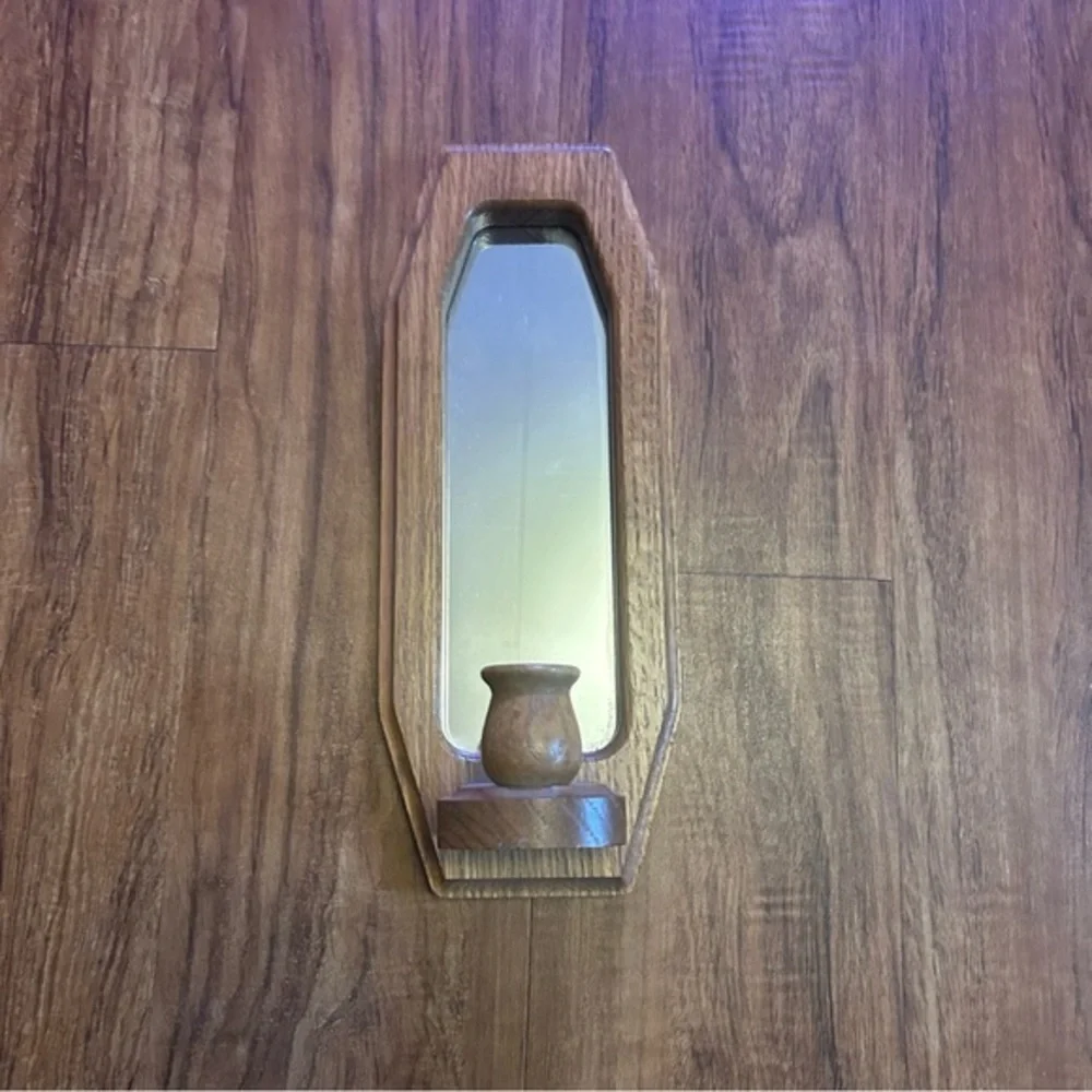 Wooden Wall Mirror with Candle Holder - Brown